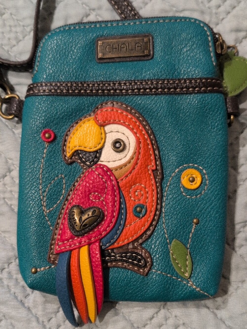 Chala Teal Leather Crossbody Pouch with Multicolor Parrot Applique - Picture 2 of 3